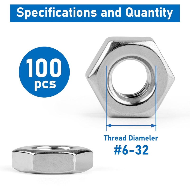 Vmuter #6-32 Hex Nuts, 100 Pack 304 (A2-70) Stainless Steel Hardware Nuts,Standard Inch Coarse Thread Nuts - Image 2